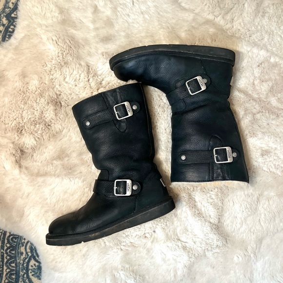 UGG Kensington Black Double Buckle Strap Traction Leather Mid-Calf Winter Boots - Picture 3 of 12